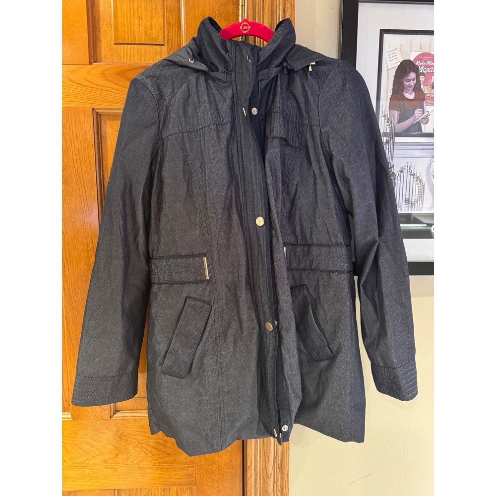 Armand Thiery‎ Womens Hooded Parka Jacket Dark Grey Denim Look Quilted Lining